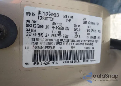 2003 Dodge Durango Slt из США, поврежденный, VIN 1D4HS48N13F502699